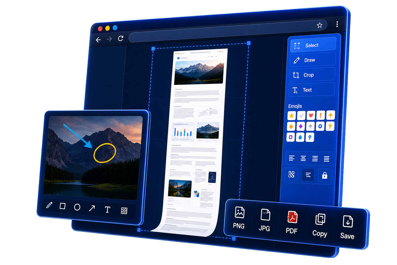 Full Page Screenshot Pro capture, annotation, tool panel, and export workflow