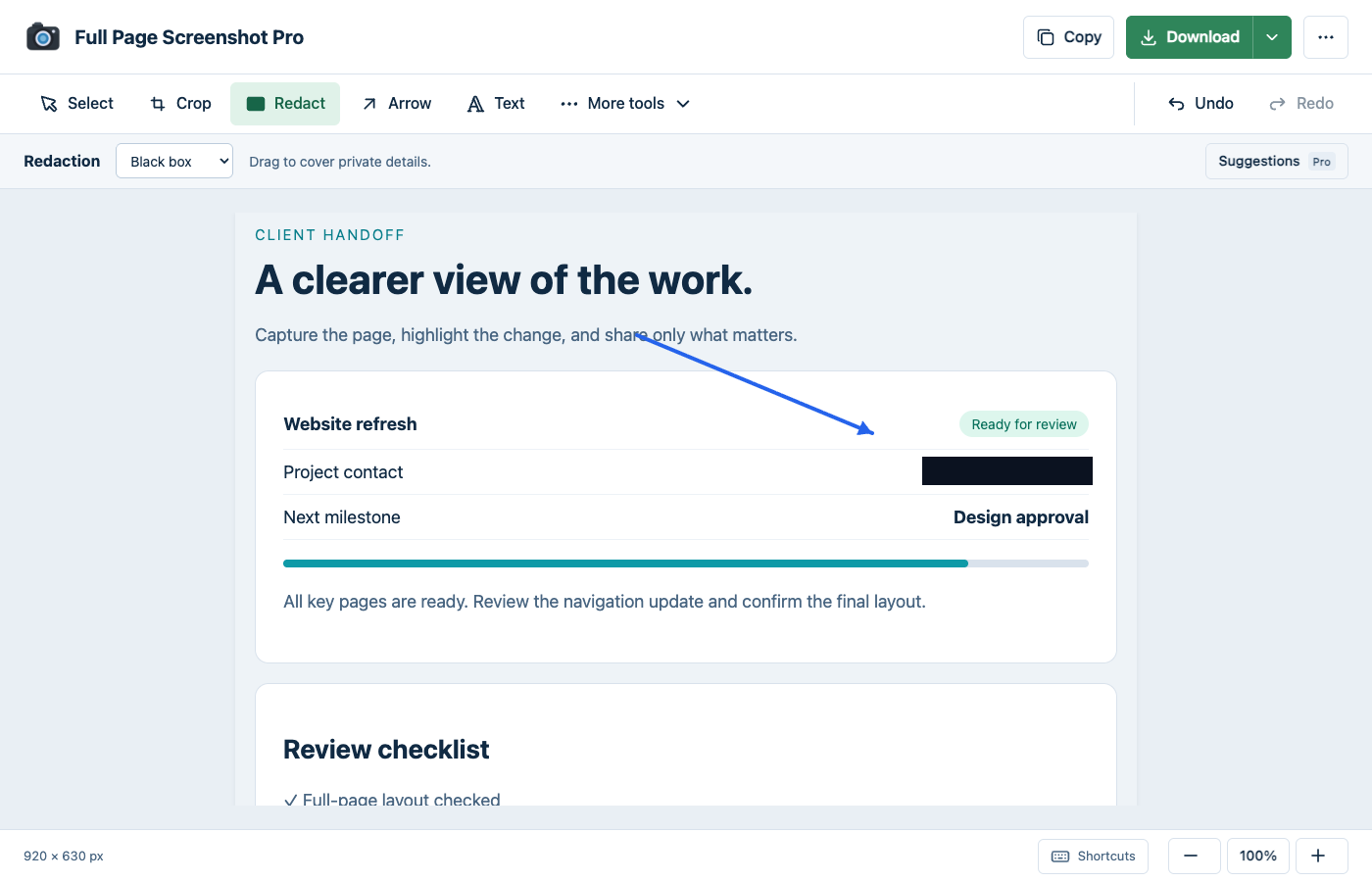 Actual extension editor with a cropped screenshot, arrow and solid redaction